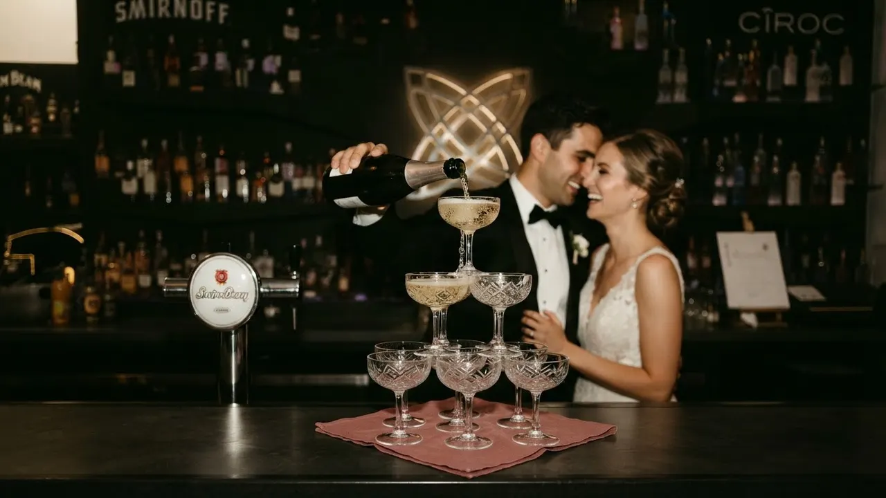 Brautpaar lacht an der Bar hinter einem Champagnerturm